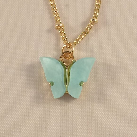 Gold Plated Blue Opal Resin Butterfly Pendant Chain Necklace 18" Party Gift - Picture 1 of 2